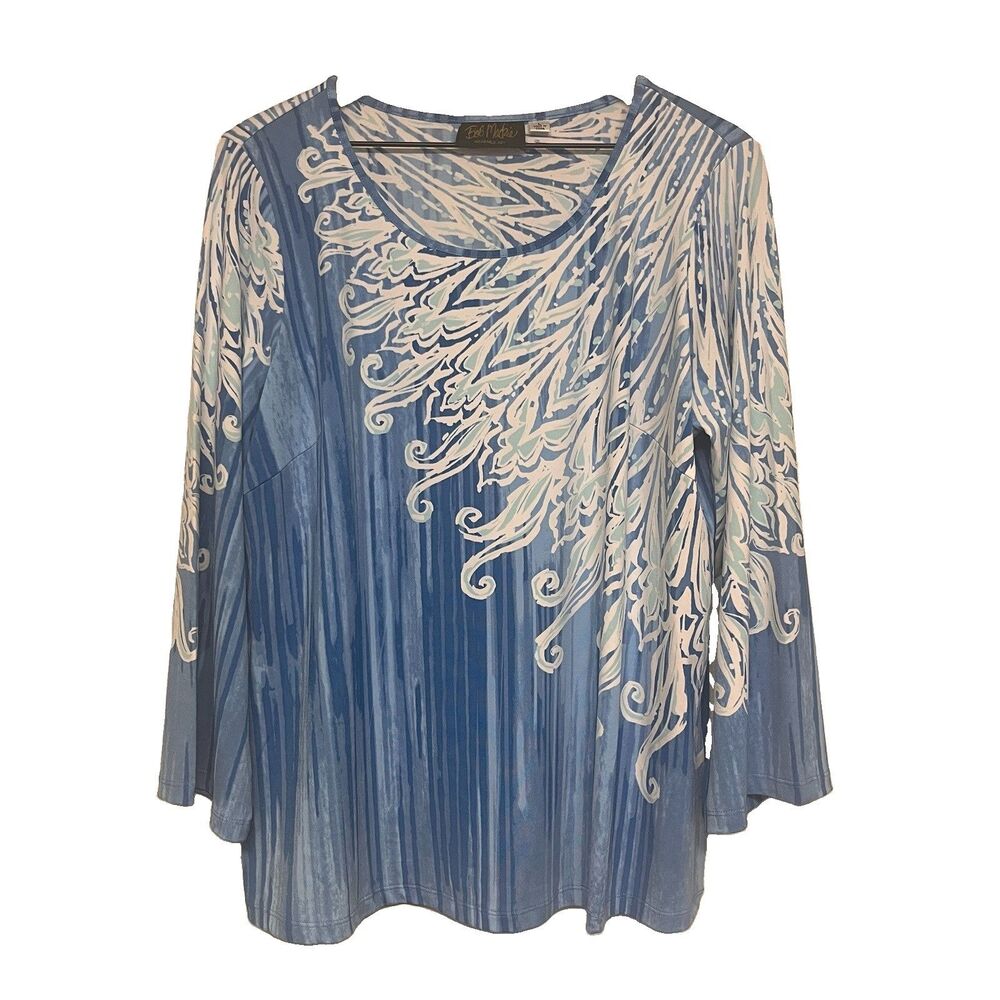 Bob Mackie Wearable Art Top Womens Size L Blue Floral Long Sleeve Stretchy Artsy